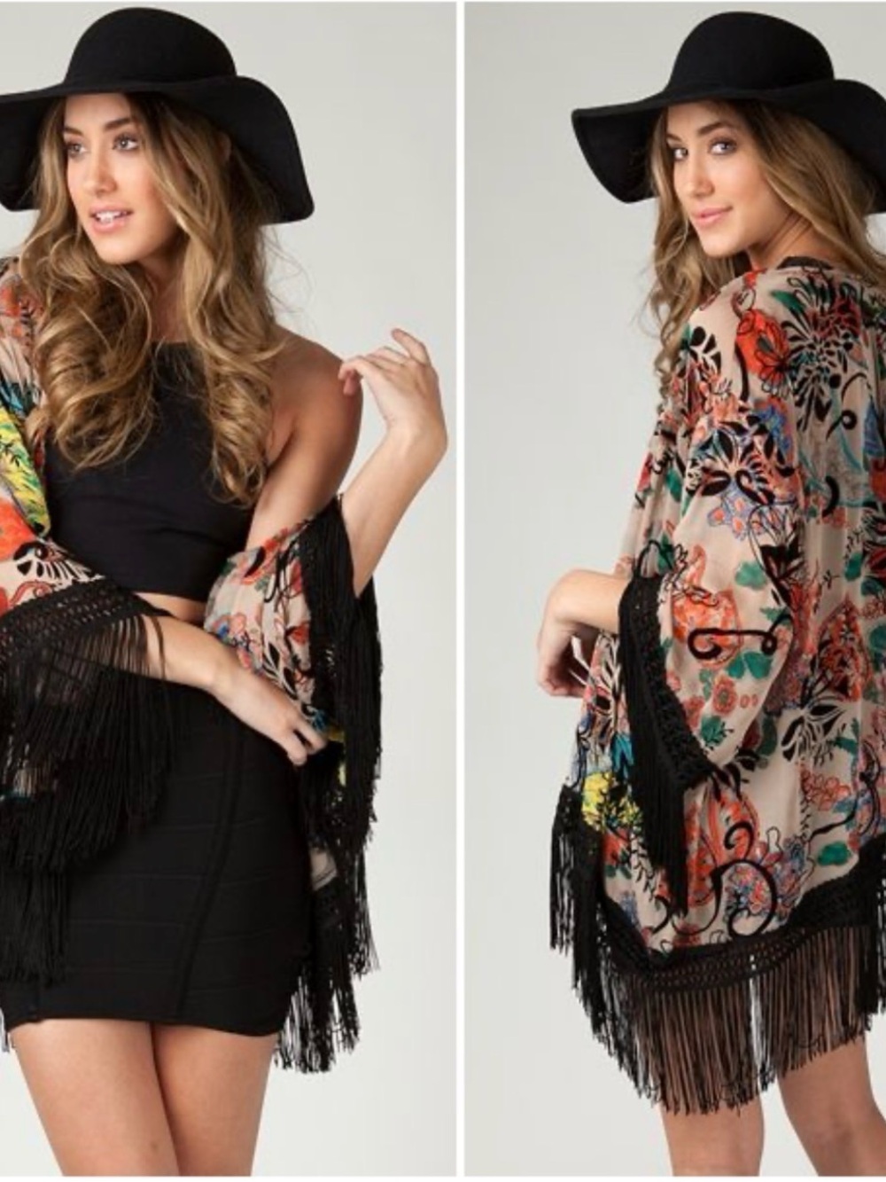 Sans Souci Multicolor Floral Fringe Kimono Cardigan - Beige Base with Black Trim
